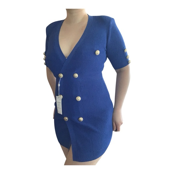 NWT ‘Marishka’ Bodycon Knit Mini Short Sleeve Dress Royal Blue Gold Button Up S - Picture 11 of 16